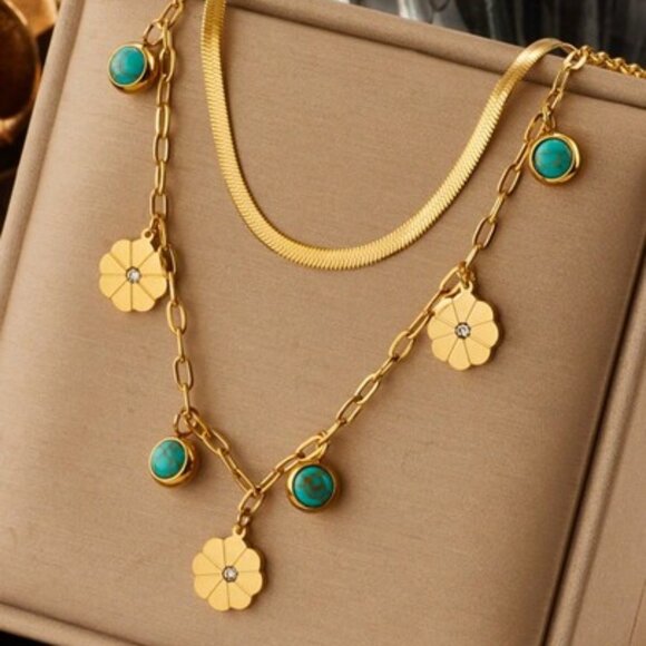 Jewelry - New 14k Solid Gold Necklace Multi-layered, Round Turquoise & Flowery Pendant